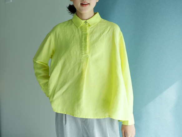 Front Tuck Shirt Yellow Soft Linen 寬鬆的廓形看起來很整潔 第3張的照片