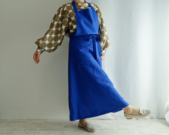 圍裙 裙子 柔軟亞麻 寶藍色 Maxi Length 咖啡廳圍裙 第8張的照片