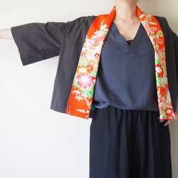 SOLD KIMONO Cardigan -ヴィンテージのキモノ襟のジャケット　ブラウン×オレンジ 2枚目の画像