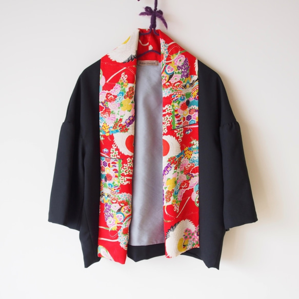 出售和服外套 - 復古的和服領夾克黑×紅 第7張的照片