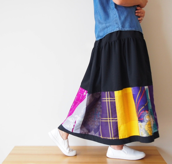 Kimono Patch-worked Skirt Long -Using Vintage Kimono Fabrics 第7張的照片