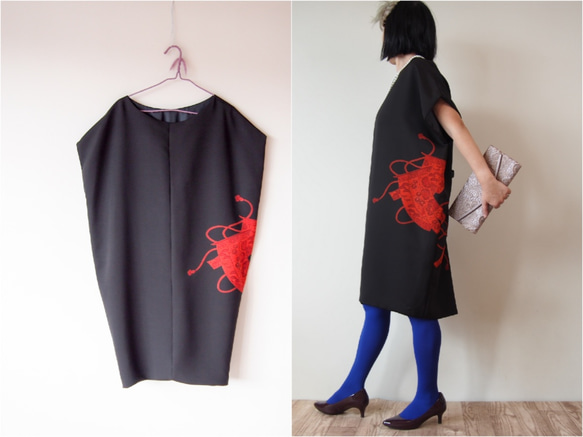 Square KIMONO Dress -LittleBlack Dress using Vintage Kimono 第1張的照片