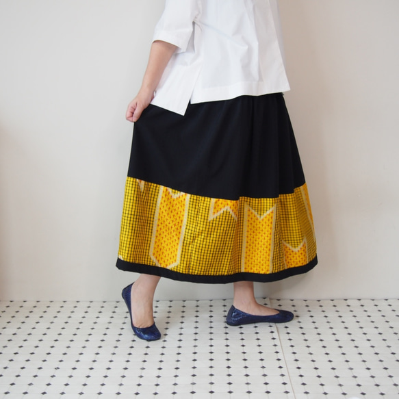 HAREGI SKIRT -ヴィンテージの銘仙の着物地を使ったフレアスカート [ロング/イエロー]　「送料無料」 5枚目の画像