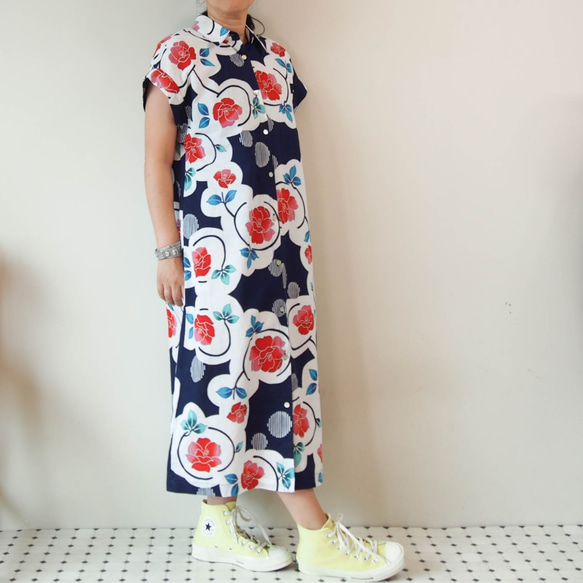 OKINAWA LONG SHIRT  -レトロな浴衣地を使ったロングシャツドレス お揃いのマスクあります！浴衣リメイク 5枚目の画像
