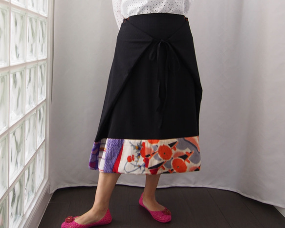 SOLD ORIGAMI SKIRT -ヴィンテージの銘仙をパッチワークした変形巻きスカート １点物　着物リメイク 4枚目の画像