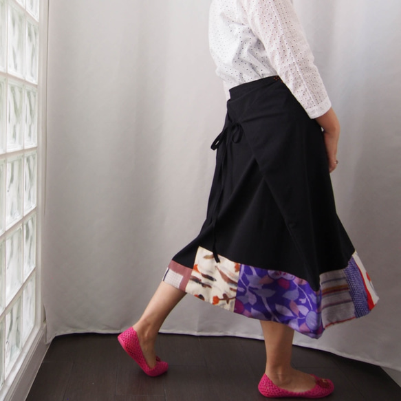 SOLD ORIGAMI SKIRT -ヴィンテージの銘仙をパッチワークした変形巻きスカート １点物　着物リメイク 6枚目の画像