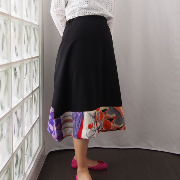 SOLD ORIGAMI SKIRT -ヴィンテージの銘仙をパッチワークした変形巻きスカート １点物　着物リメイク 7枚目の画像