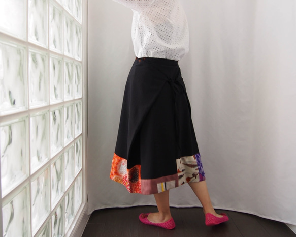 SOLD ORIGAMI SKIRT -ヴィンテージの銘仙をパッチワークした変形巻きスカート １点物　着物リメイク 10枚目の画像