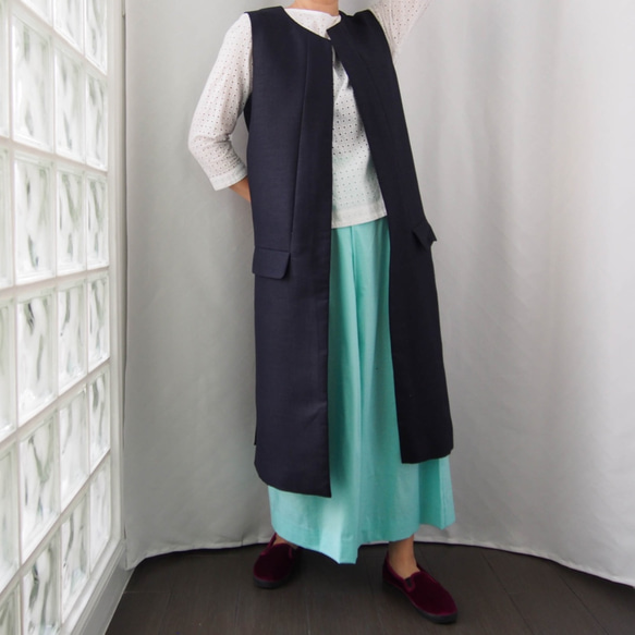 KIMONO GILET-Gile海軍和服採用複古和服面料翻新 第3張的照片