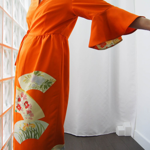 着物リメイクワンピース 付下げドレスオレンジ花 d414f9b681b1b985c7962fd10edf28
