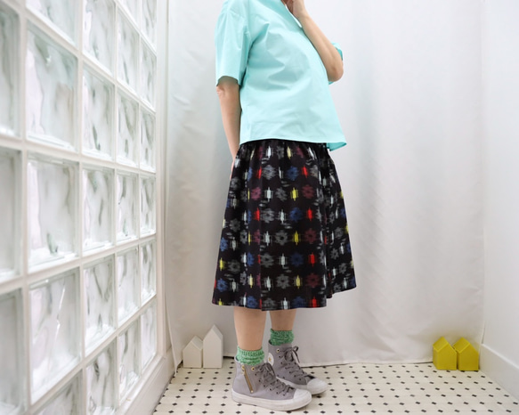 SOLD OKINAWA SKIRT ミディ　 -綿の紬でつくったスカート  1枚限定！　着物リメイク 1枚目の画像