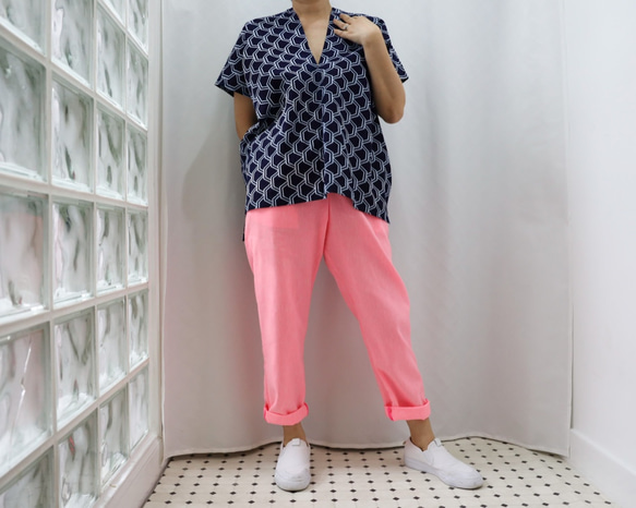 ☆沖繩男孩的褲子-霓虹粉色亞麻男孩褲子，與圖案上衣極佳的兼容性。 第4張的照片