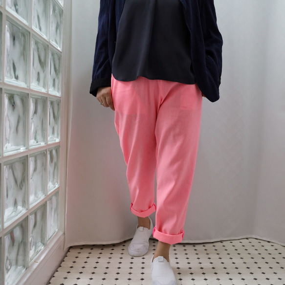 ☆沖繩男孩的褲子-霓虹粉色亞麻男孩褲子，與圖案上衣極佳的兼容性。 第6張的照片