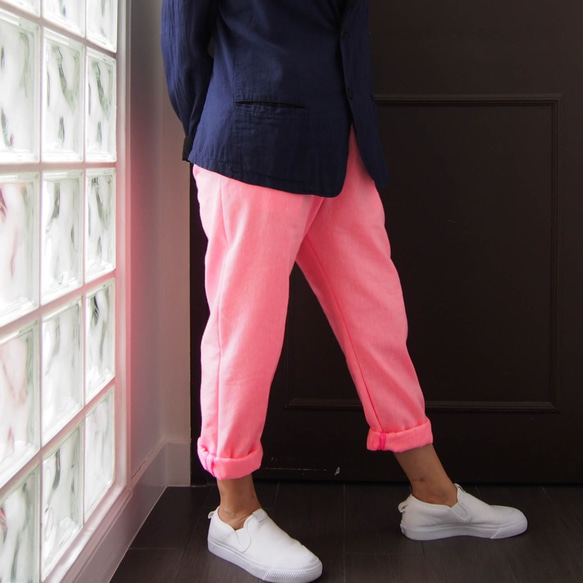 ☆沖繩男孩的褲子-霓虹粉色亞麻男孩褲子，與圖案上衣極佳的兼容性。 第9張的照片