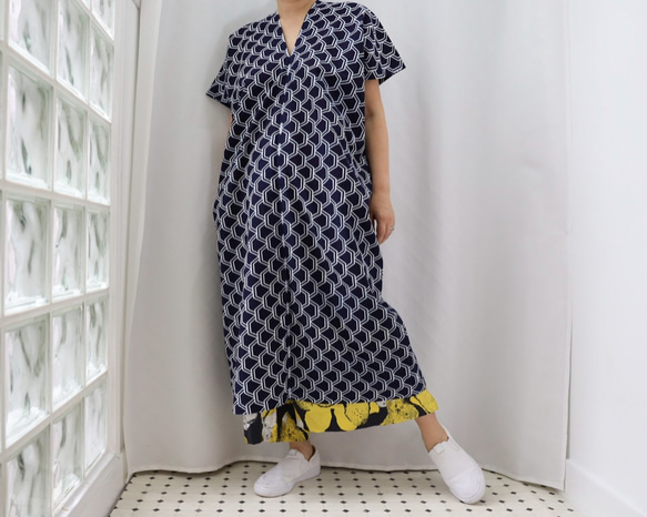 ☆Square Dress -藍色のうろこ柄の浴衣地から作ったスクエアワンピース　限定１枚　大きめサイズ 4枚目の画像