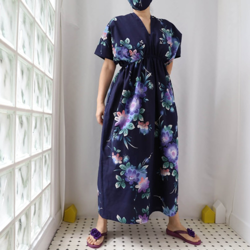 ワンピース　カフタンワンピース　ロング　カフタンドレス　浴衣　スカイブルー OKINAWAカフタンドレス -浴衣地を使ったカフタンドレス 浴衣