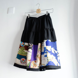 『お取り置き品』蒼い色々なビンテージの着物地を使ったフレアスカート　-ミディアム 1枚目の画像