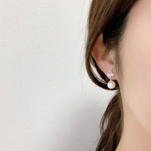 再販》貝パールorガラスパール ジルコニアリーフ【ピアス/イヤリング