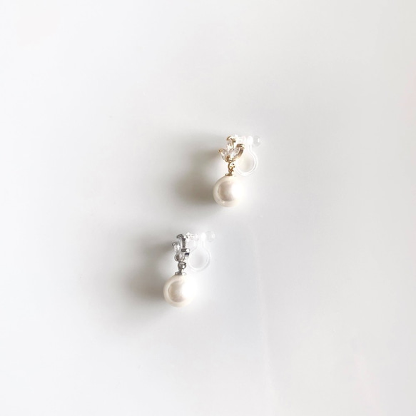 《再販》貝パールorガラスパール　ジルコニアリーフ【ピアス/イヤリング】pearl-030（プレゼント・母の日） 9枚目の画像
