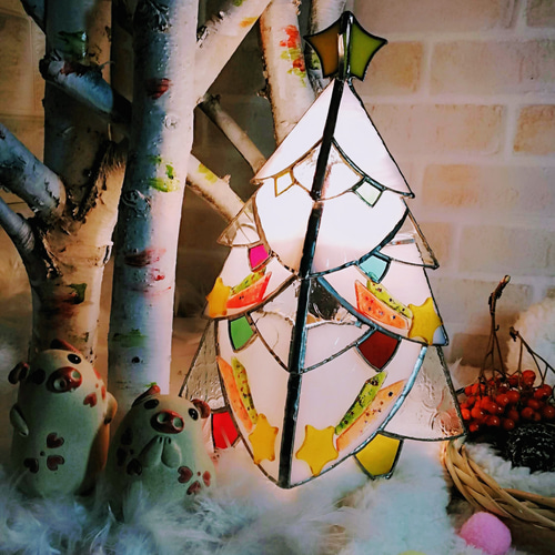 ステンドグラスホワイトクリスマスツリー3段