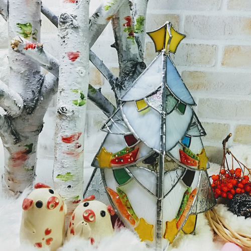 ステンドグラス　ホワイトクリスマスツリー　3段 ステンドグラスホワイトクリスマスツリー3段