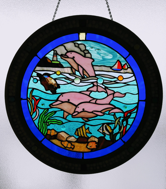 【仲良く泳ぐピンク親子イルカと熱帯魚とカメの海物語】❇️壁掛け 3枚目の画像