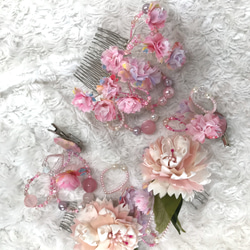 桜のアートリボン&ちりめんヘアアクセサリー 5点セットピンク系＃1　受注制作 1枚目の画像