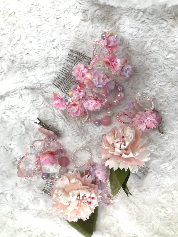 桜のアートリボン&ちりめんヘアアクセサリー 5点セットピンク系＃1　受注制作 1枚目の画像