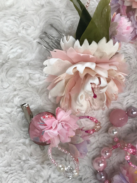 桜のアートリボン&ちりめんヘアアクセサリー 5点セットピンク系＃1　受注制作 3枚目の画像
