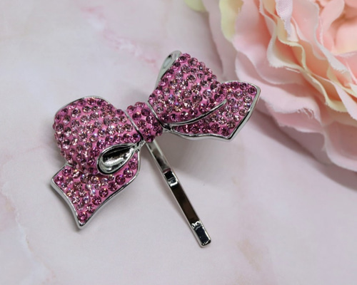 リボン　ポニーフック♡アンティークローズ♡ピンク♡ハンドメイド リボンのポニーフック・シルバー・グルーデコ（ローズ・ライトローズ