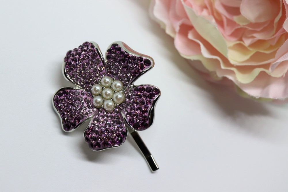 エレガント フラワーポニーフック・樹脂パール・シルバー・グルーデコ（アメジストなど3色使用）