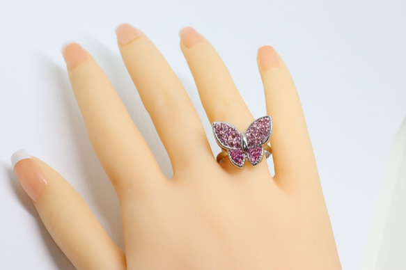 蝶々型リング・シルバー・フリーサイズ・グルーデコ（ライトローズ・ローズ） 6枚目の画像