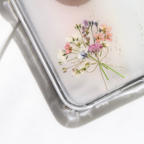シアーカラーとアンティーク花束押し花スマホケース iPhone