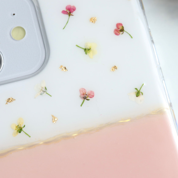 ピンクベージュ　押し花スマホケース iPhoneケース Android Galaxy Xperia クリア 3枚目の画像