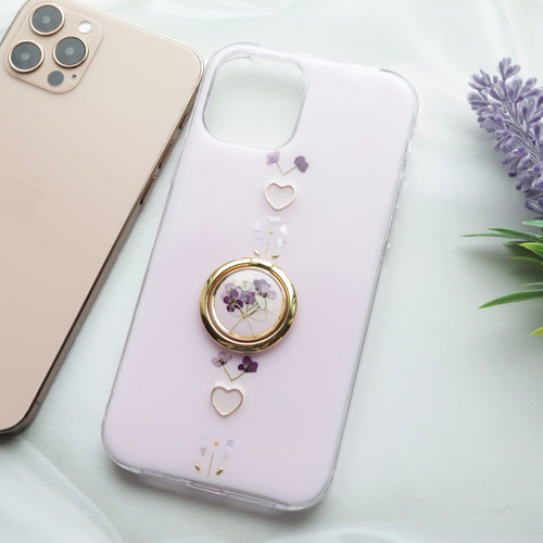 ソフトラベンダー リング付き 押し花スマホケース iPhoneケース