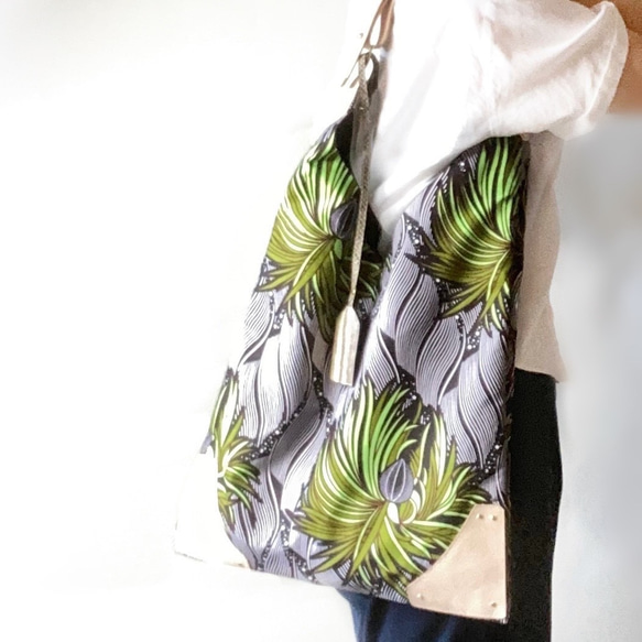 【受注生産】 African print × Real leather bag  Duckweed 3枚目の画像