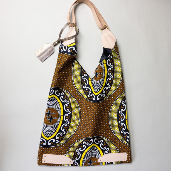【Epidote】 African print × Real leather bag  Camel 4枚目の画像