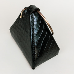 【受注生産】Real Leather Triangle bag 本革リングバッグ　黒クロコ型押し 4枚目の画像