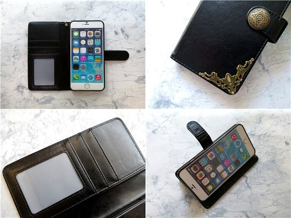 全機種対応 アンティーク風 手帳型スマホケース コンチョボタン iPhone Android Xperia Galaxy 3枚目の画像