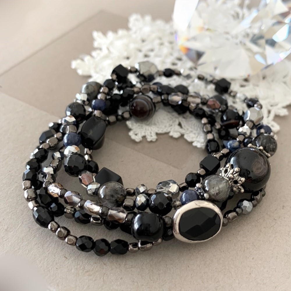 ハイパーシーン＋プラチナルチルクォーツ＋他多種類の５連ブレスレット hyp-5b-1912-06