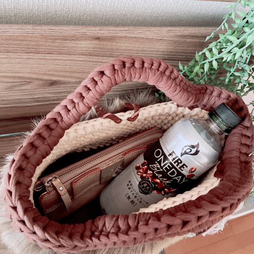 軽量 ズパゲッティ ファーバッグ 【秋冬トートバッグ】ベージュ×茶色 