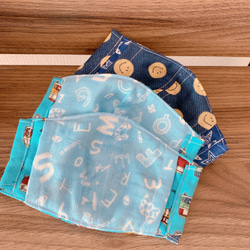 子供用 立体マスク ポケット付き 6重ガーゼ 3枚組 生成り ブルー 電車 3枚目の画像