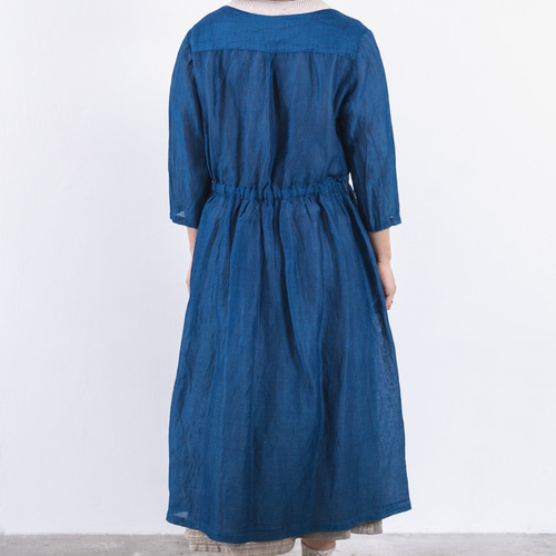 藍染め モダールリネンカシュクールワンピース (ブルー