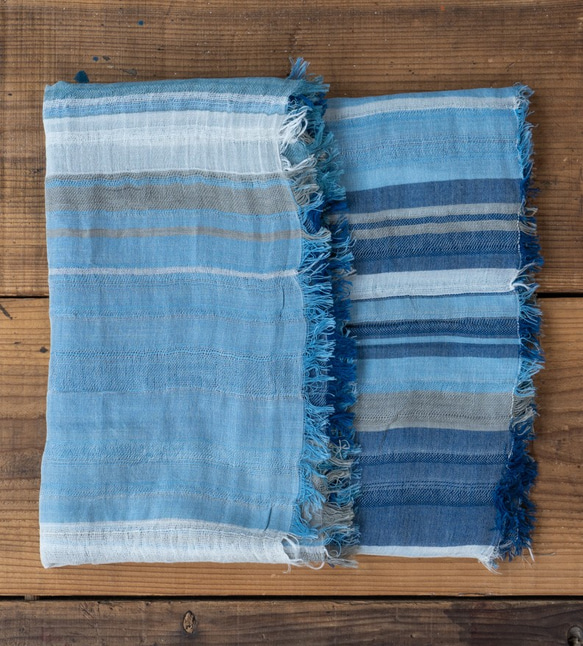 植物染甲州織橫條紋圍巾 藍染/屋久杉染 第3張的照片