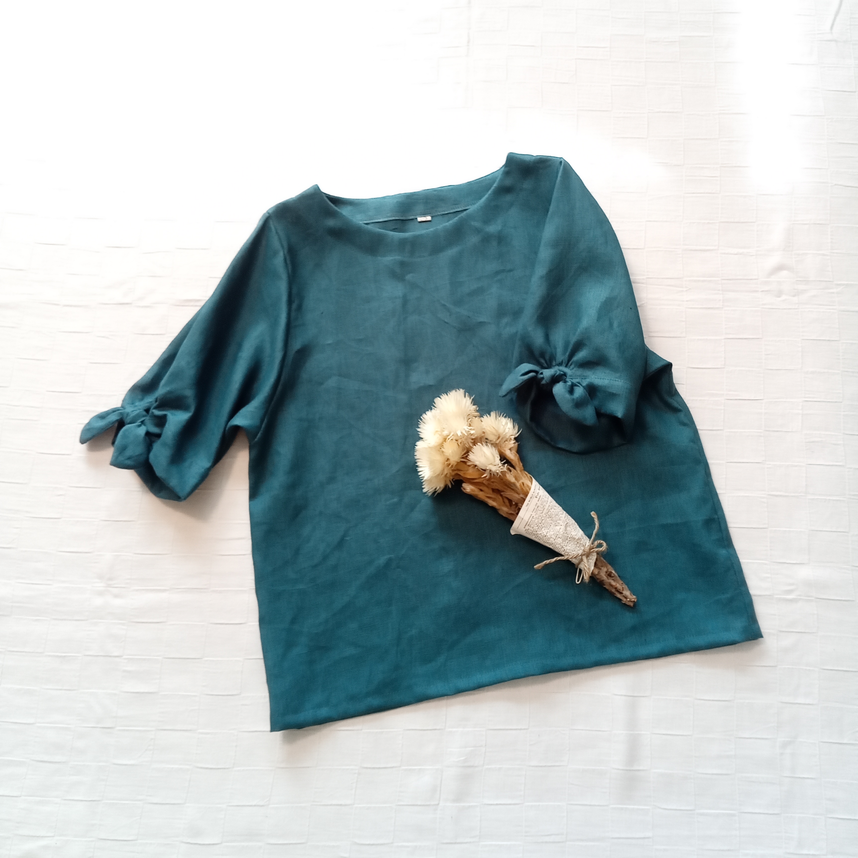 リボンスリーブ ブラウス　ティールグリーン リネン 5,475円