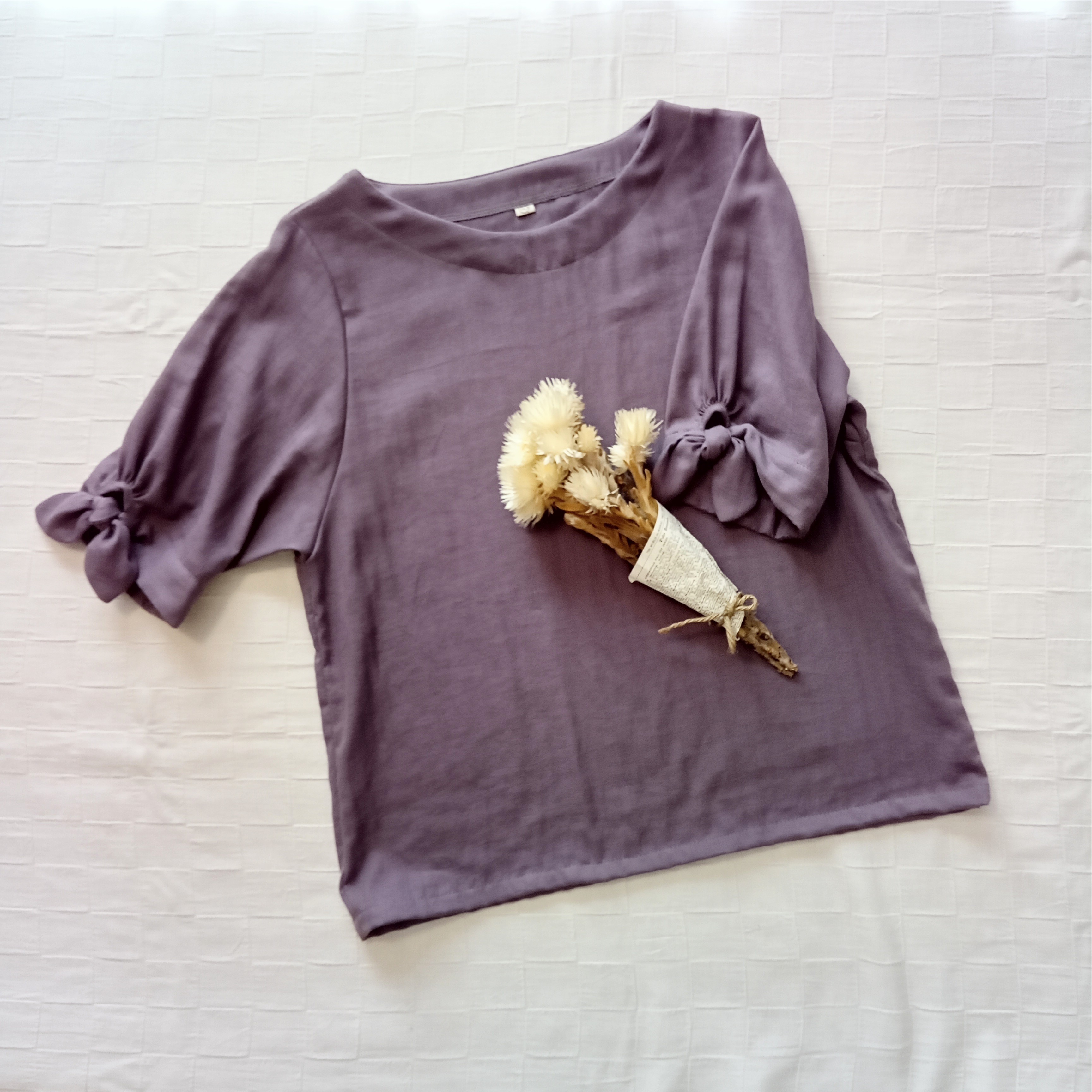 リボンスリーブ ブラウス　くすみグレープ　柔らかダブルガーゼ