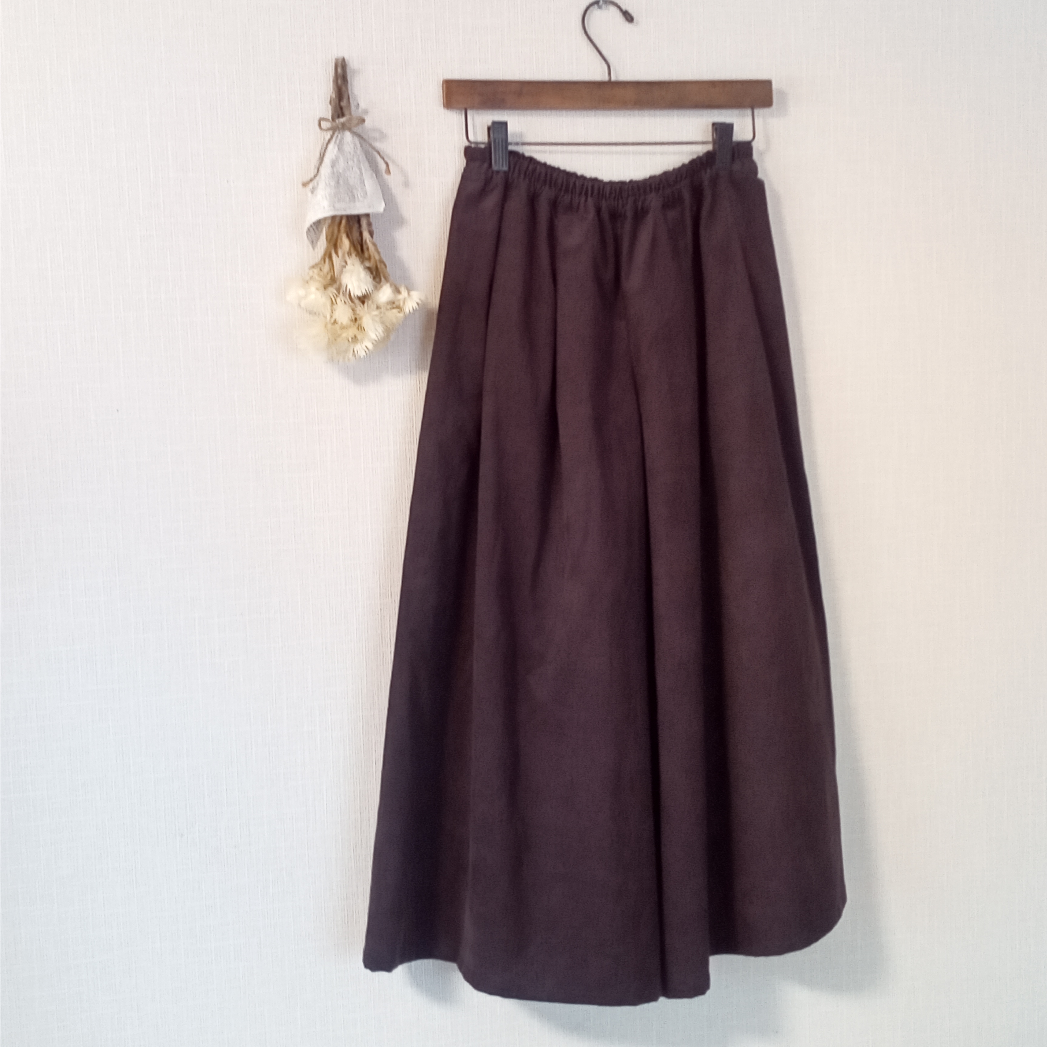 丈変更可☆ すっきりタックのガウチョパンツ　ダークパープル　細畝コーデュロイ ウエスト総ゴム　ポケット可