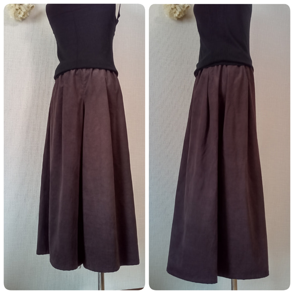 丈変更可☆ すっきりタックのガウチョパンツ　ダークパープル　細畝コーデュロイ ウエスト総ゴム　ポケット可 4枚目の画像
