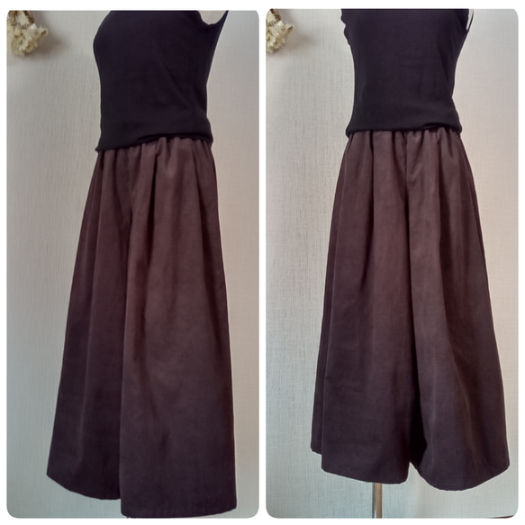 丈変更可☆ すっきりタックのガウチョパンツ　ダークパープル　細畝コーデュロイ ウエスト総ゴム　ポケット可 5枚目の画像