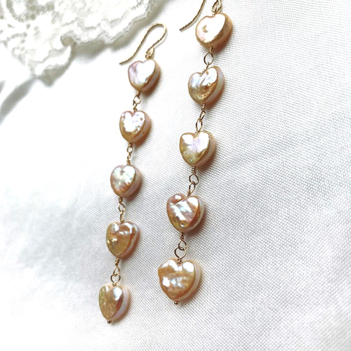 ハートのバロックパールのロングピアス・14kgf・バロックパール ピアス  